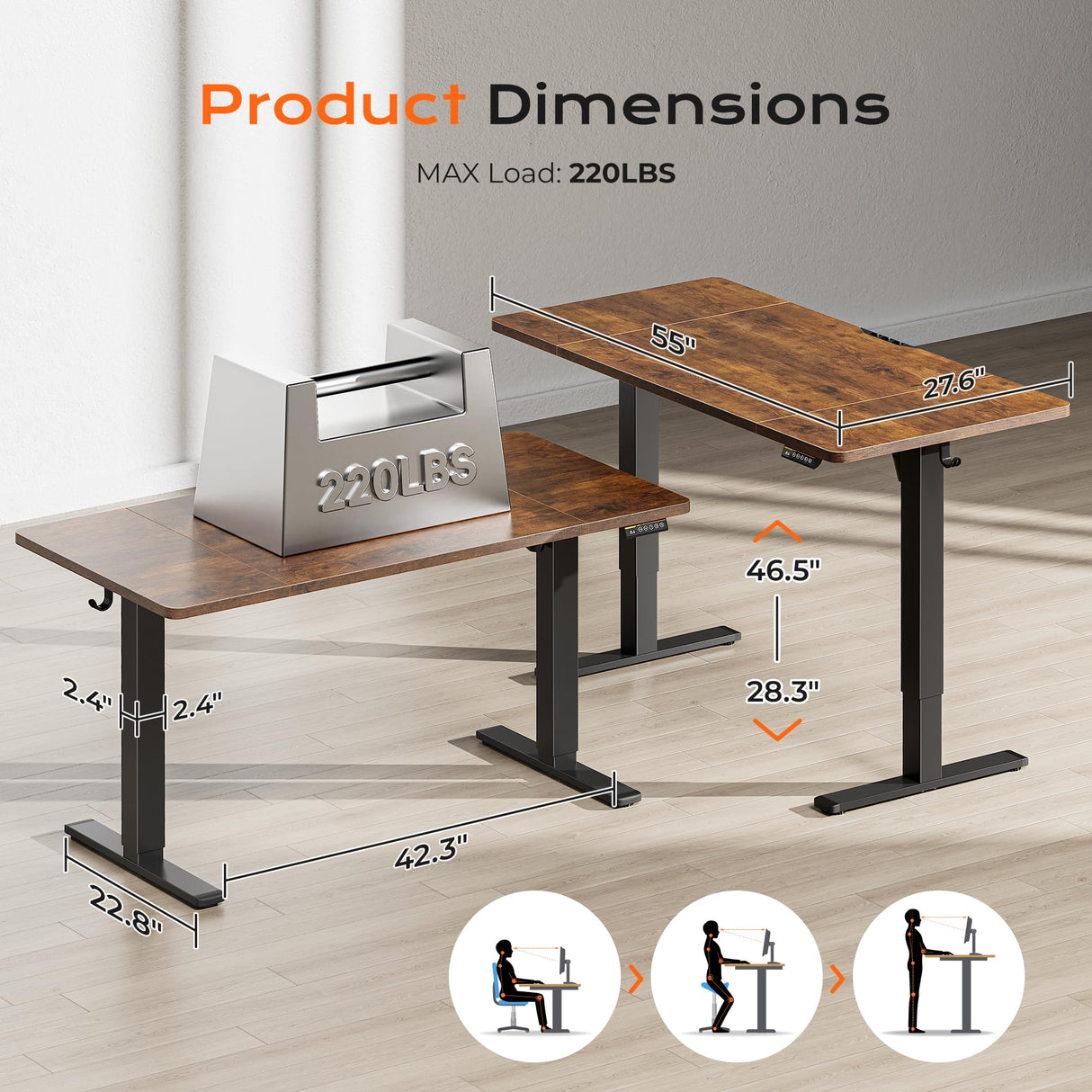 Huuger 55 x 28 Large Electric Standing Desk, Height Adjustable Computer Desk, 27.6" Deep Desktop, Stand up Gaming Office Desk with 2 Hooks, 3 Preset Heights, for Home Office, Rustic Brown Huuger