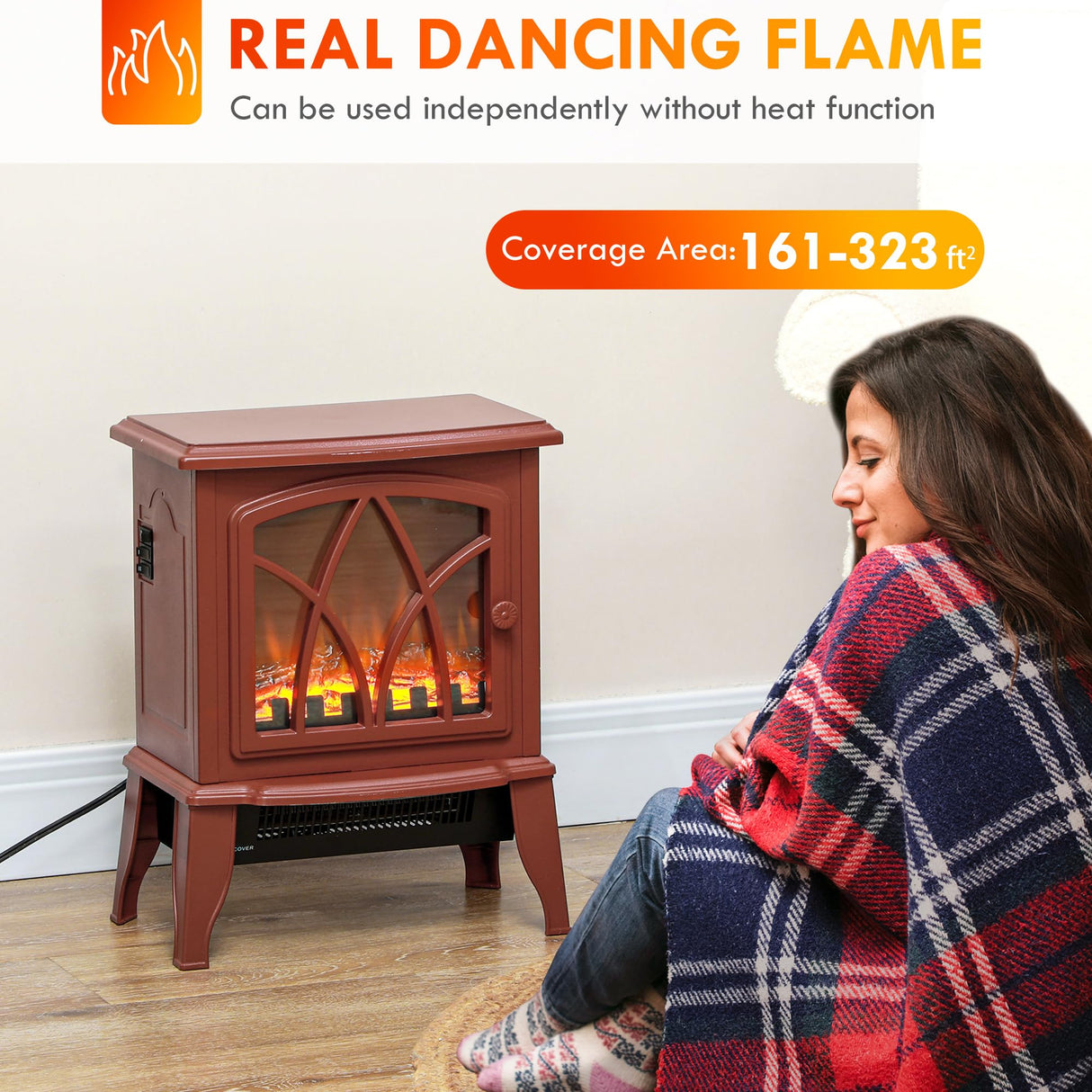 HOMCOM Electric Fireplace Stove, 18" Freestanding Fireplace Heater with Realistic Flame, Overheating Protection, Portable, 750W/1500W, Red HOMCOM