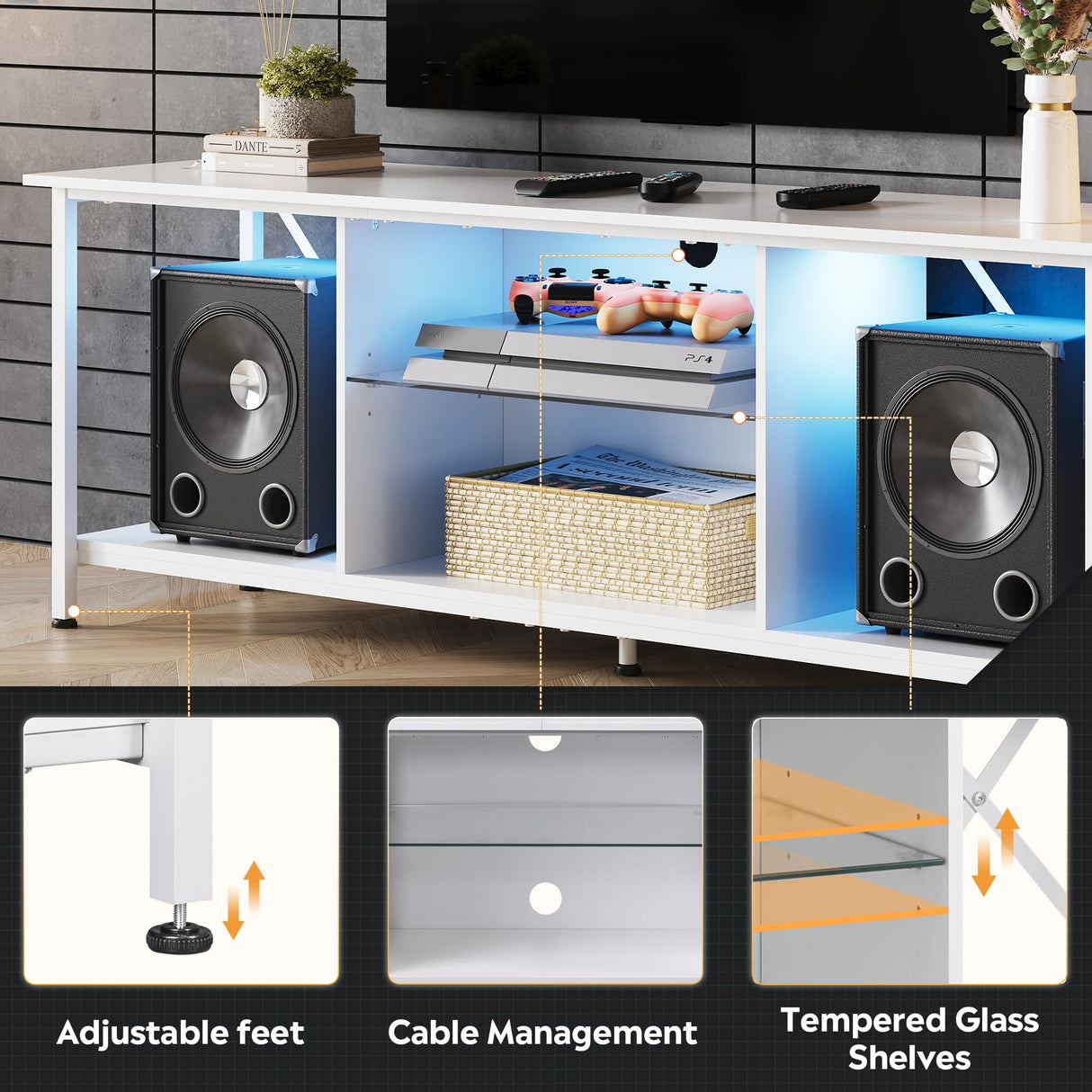 WLIVE TV Stand up to 65 Inch TV, 55" Entertainment Center with LED, Industrial TV Console with Glass Shelf for Living Room and Bedroom, White WLIVE