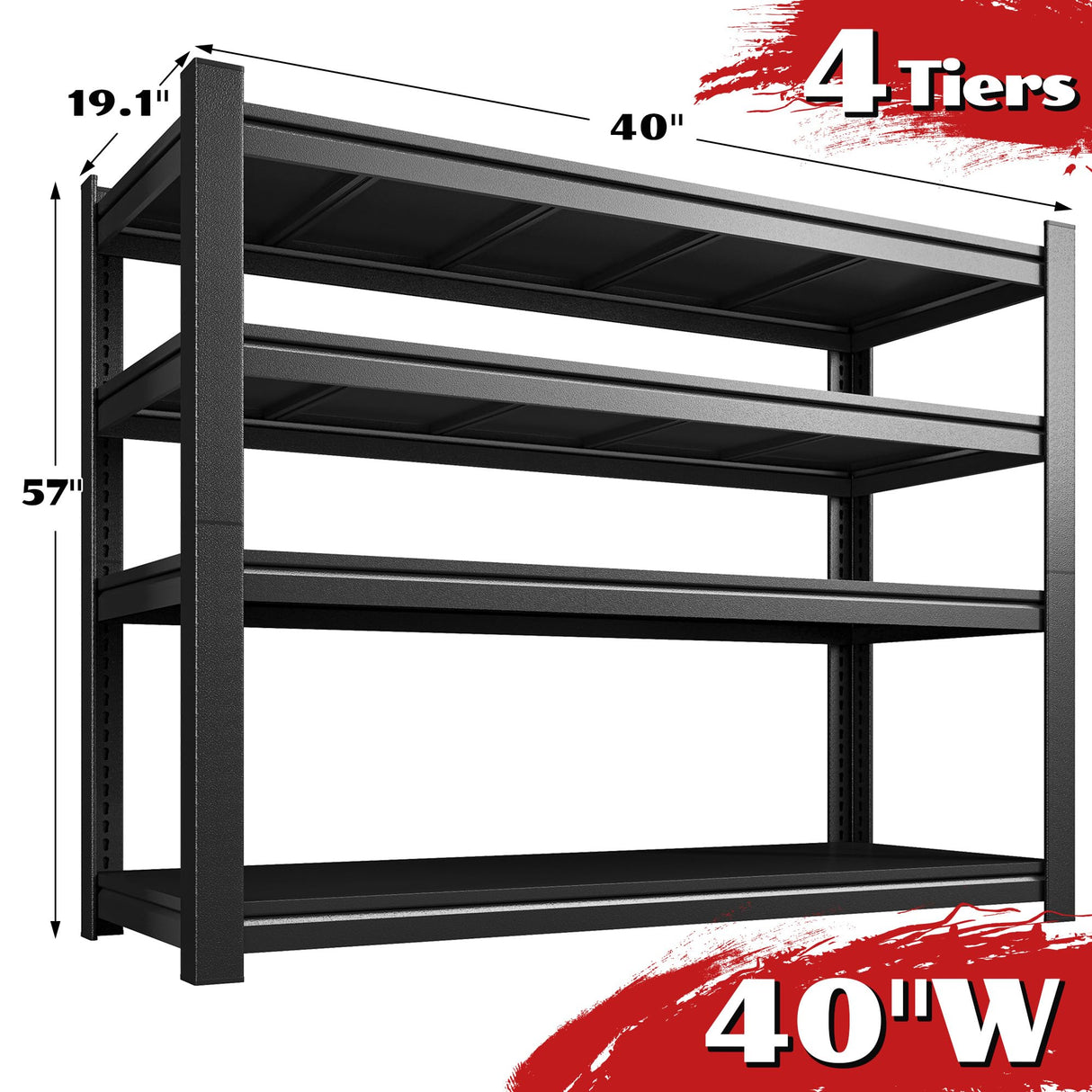 Snhomee 40" W Garage Storage Shelves, Heavy Duty Shelving, 4 Tier Adjustable Metal Shelving Unit, Storage Rack for Garage, Basement, Warehouse with Tool-Free Assembly, 40" W x 19.1" D x 57" H Snhomee