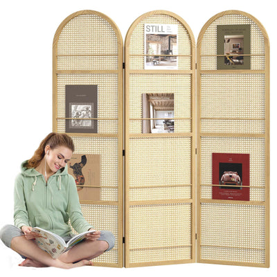 Rattan Room Divider with Built-in Bookshelf | Foldable Privacy Screen & Portable Partition for Home Office, Bedroom, Reading Nook | Wooden Frame, Freestanding Design (Natural-Rattan)