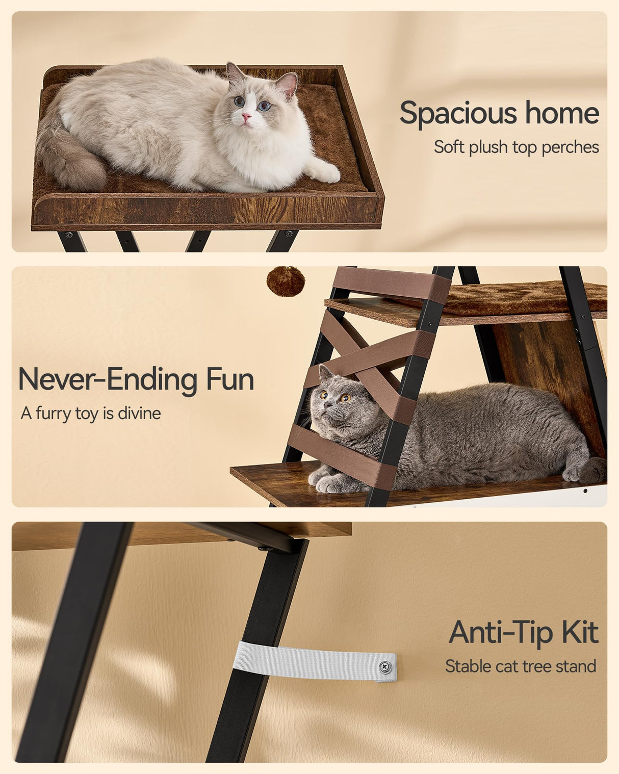 FourFurPets 72.4" Modern Cat Tower for Indoor Cats - Multi-Level Condo With Caves, Tall Tree With Scratching Board, Wooden Tower With Large Perch, Removable Pads, Rustic Brown FourFurPets