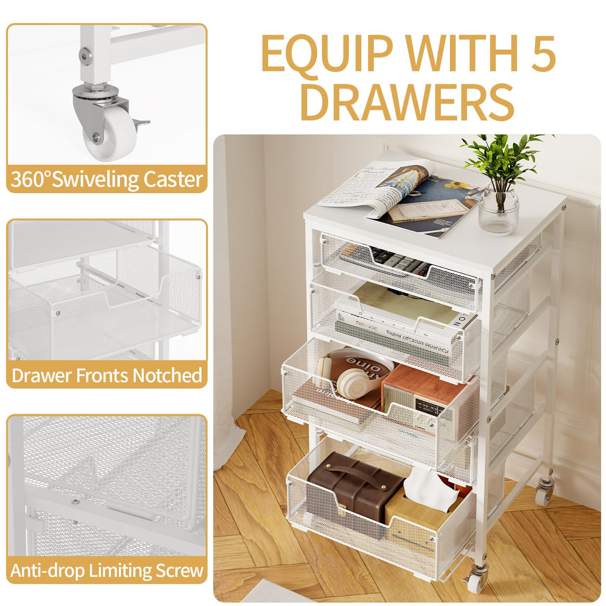 Sbanmao Utility Cart with 5 Drawers, Rolling Storage Cart with Wooden Tabletop and Lockable Wheels, Storage Drawer Cart Craft Cart for Bedroom, Classroom, Home, Office, White Sbanmao