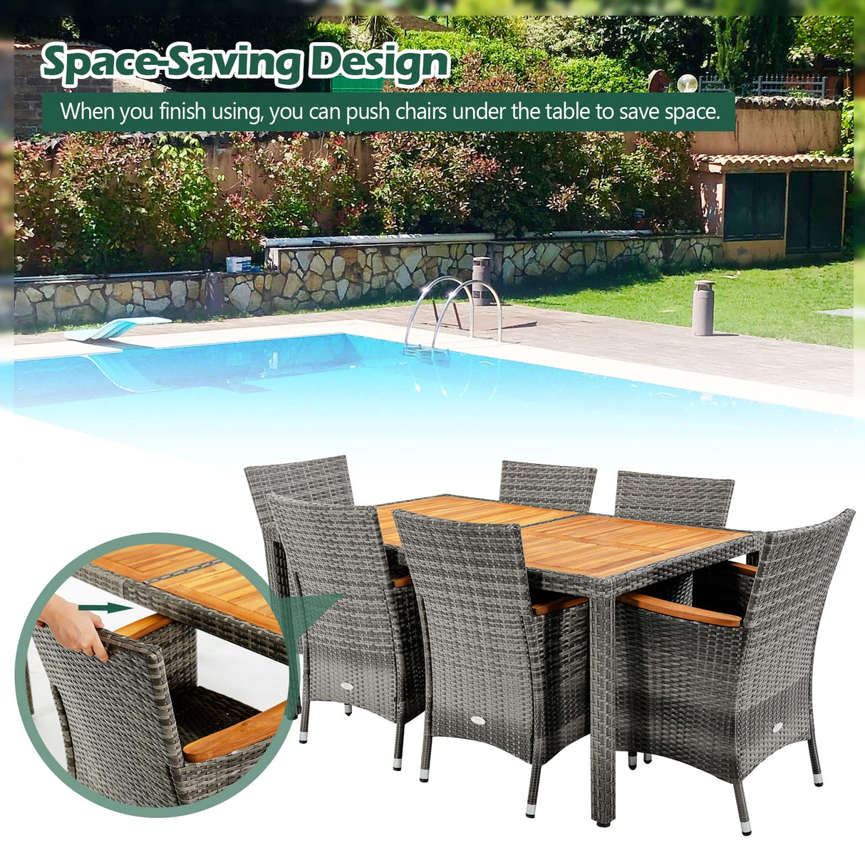 COSTWAY 7PCS Patio Rattan Dining Set Acacia Wood Table Cushioned Chair Mix Gray COSTWAY