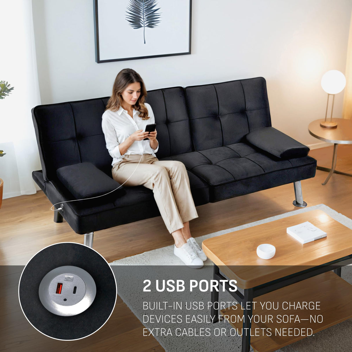 FLEXISPOT XCT3 Futon Sofa Bed - Folding Convertible Sleeper Couch w/ 2 USB Charging Ports, 2 Cup Holders, Removable Armrests, Adjustable Guest Bed for Apartments Living Room, Black FLEXISPOT