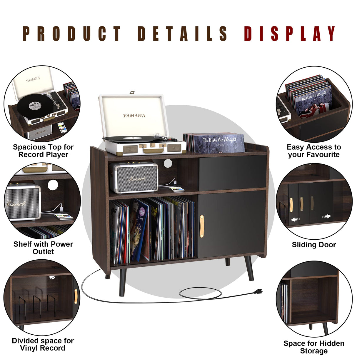 GDLF Large Record Player Stand, Vinyl Record Storage Cabinet with Power Outlet, Record Player Table Holds up to 350 Albums, Turntable Stand with Wood Legs for Living Room,Bedroom,Office GDLF