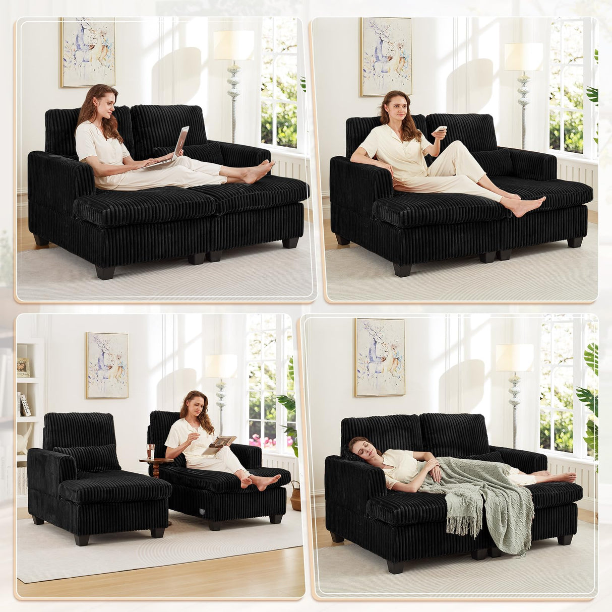 JEEOHEY Double Chaise Lounge Chair Indoor, 61" W Corduroy Small Loveseat Couch with Adjustable Backrest, Modern Comfy Couch, Deep Seat Sofa, Leisure Sleeper Sofa Bed for Living Room,Bedroom(Black) JEEOHEY