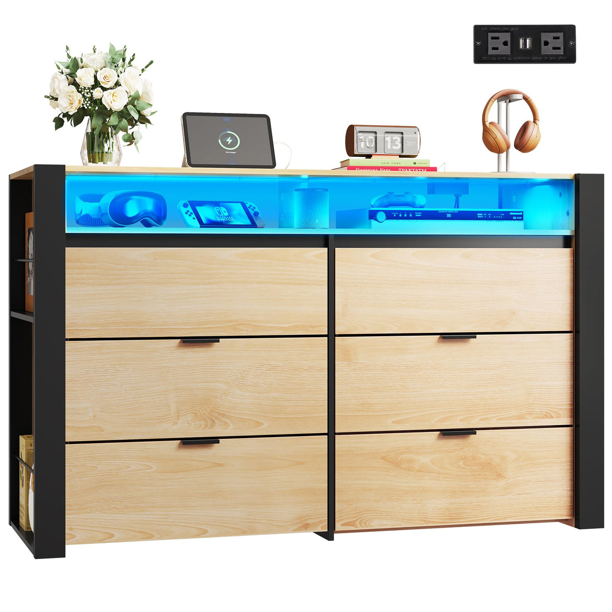 WLIVE 6 Drawer Dresser with Led Light, 50.79'' Wood Dresser for Bedroom with Power Outlets for 55'' TV, Modern Chest of Drawers for Closet, Hanging Rack, Double Wide Drawer for Living Room, Light Oak WLIVE