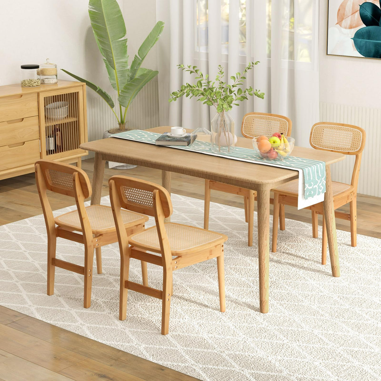 GOFLAME Rattan Dining Chairs Set of 4, Mid-Century Modern Kitchen Chairs with Cane Woven Backrest & Seat, Natural Bamboo Frame, Armless Accent Chairs for Living Room, Dining Room, Bedroom, Study GOFLAME