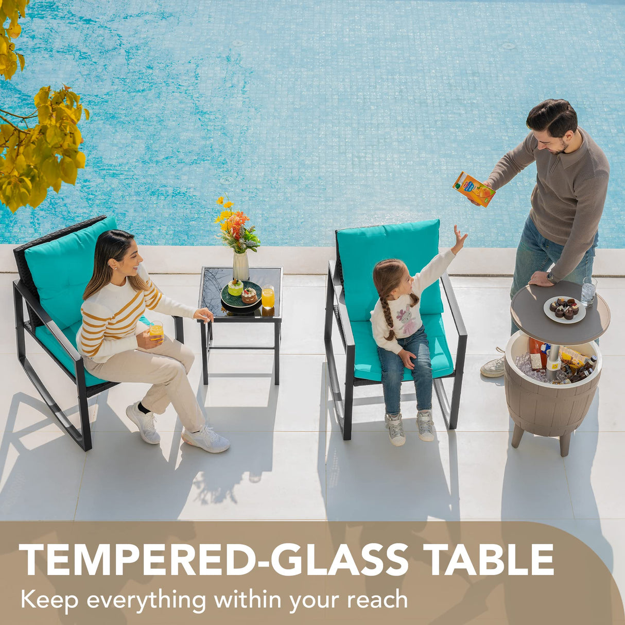 Devoko 3 Piece Rocking Bistro Set Wicker Patio Outdoor Furniture Porch Chairs Conversation Sets with Glass Coffee Table (Blue) Devoko