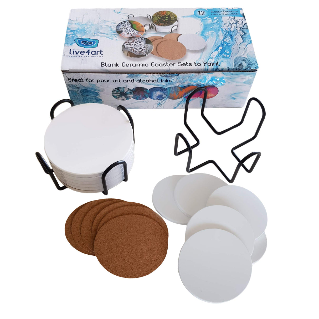 Ceramic Coaster Sets - 12 Round 4 Inch Glossy Non-Absorbent with Cork Backing & 2 Metal Stands - for Sublimate Printing live4art