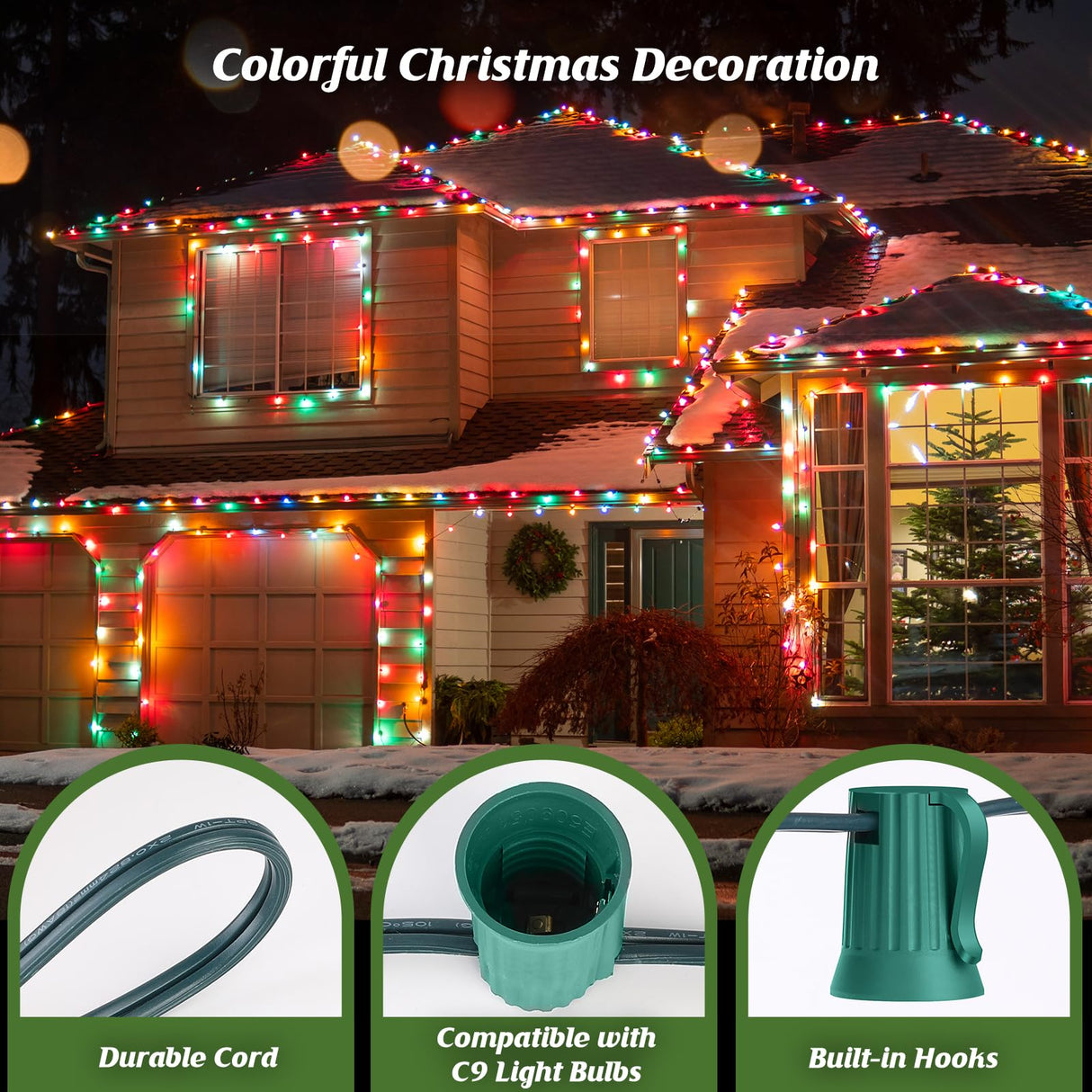Brightever Commercial 500 FT C9 Christmas LED Lights String Outdoor, E17 Christmas Light Sockets Set Spool, C9 Sockets Patio String Lights C9 Strands - 12 Spacing Intermediate Base Green Wire Brightever