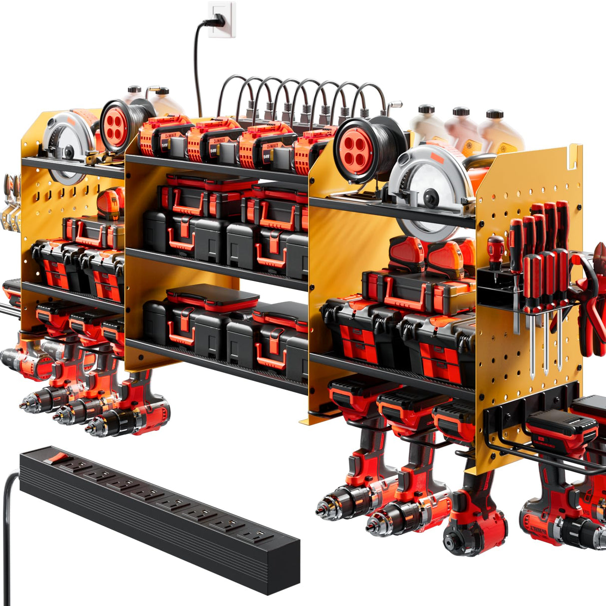 WIWIDRM Upgrade Large Power Tool Organizer Wall Mount with Charging Station Tool Storage Rack with 6.5FT Power Strip 10 Drill Holder and Storage Rack for Garage Organization WIWIDRM