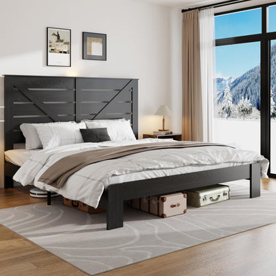 PAUKIN King Size Wooden Bed Frame with Headboard, Rustic Farmhouse Platform Bedframe with Metal Slat Support, Under Bed Storage Space, Easy Assembly, Noisy Free (Black, King)
