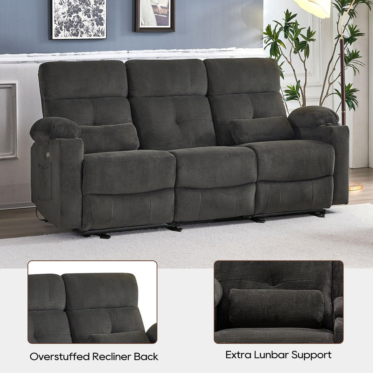 Consofa Power Reclining Sofa with Heat and Massage, Electric Reclining Couch with Extended Footrest, Wall Hugger Recliner Sofa 3 Seater with USB&Type-c Ports for Living Room, Bedroom(Grey) Consofa
