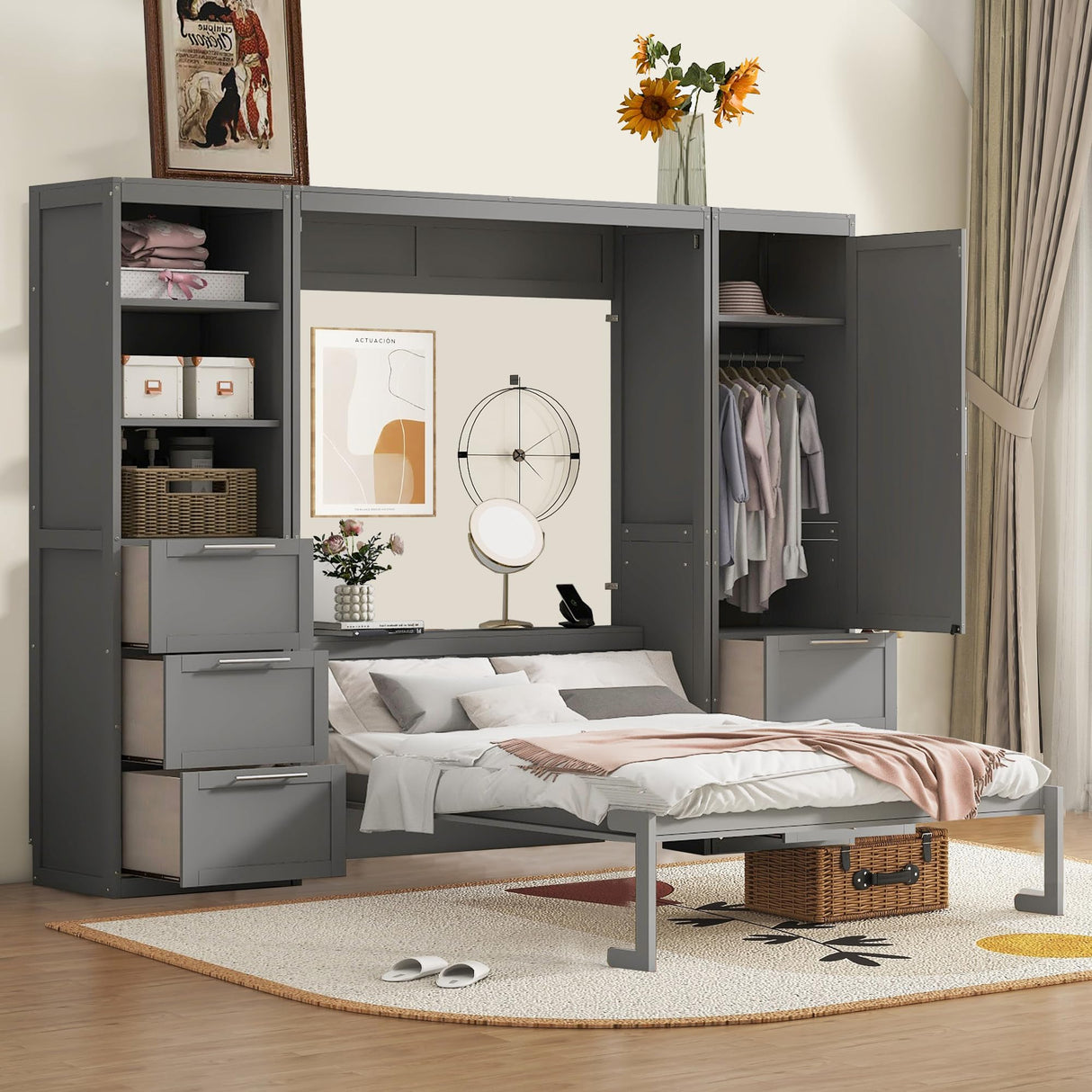 Harper & Bright Designs Queen Size Murphy Bed with Closet, Wall Bed with Drawers and Shelves, Gray Harper & Bright Designs