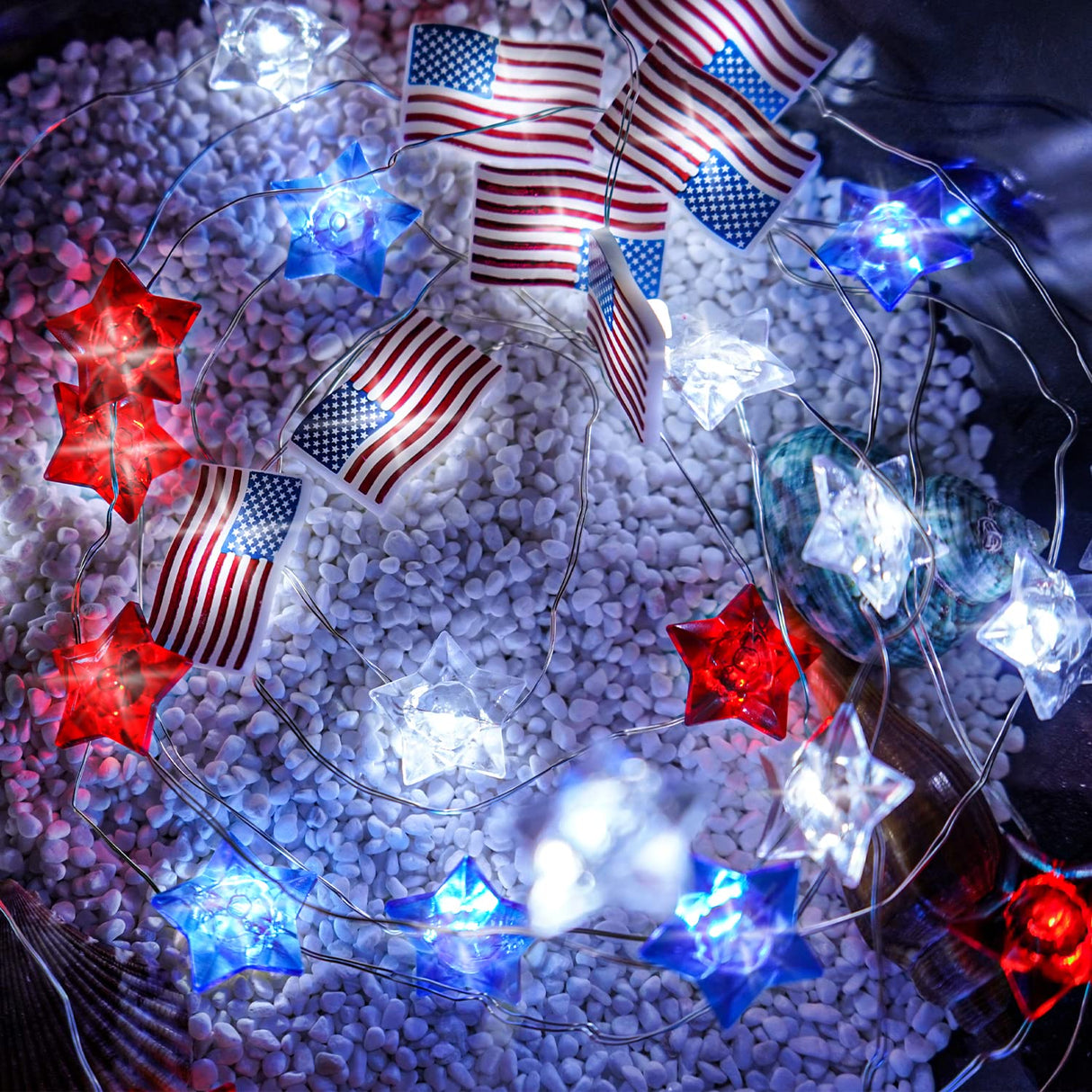 4th of July Decorations Lights, 13FT 40LED Lights Battery Operated Remote Timer USA Flag Fairy Light for Indoor Home Independence Day Memorial Day Fourth of July Couah