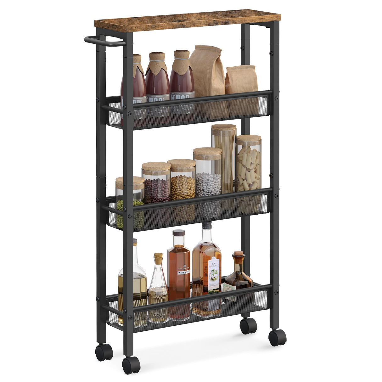VASAGLE Slim Rolling Cart, 4-Tier Storage Cart, Narrow Cart with Handle, 5.1 Inches Deep, Metal Frame, for Kitchen, Dining Room, Living Room, Home Office, Rustic Brown and Classic Black ULRC032B01V1 VASAGLE