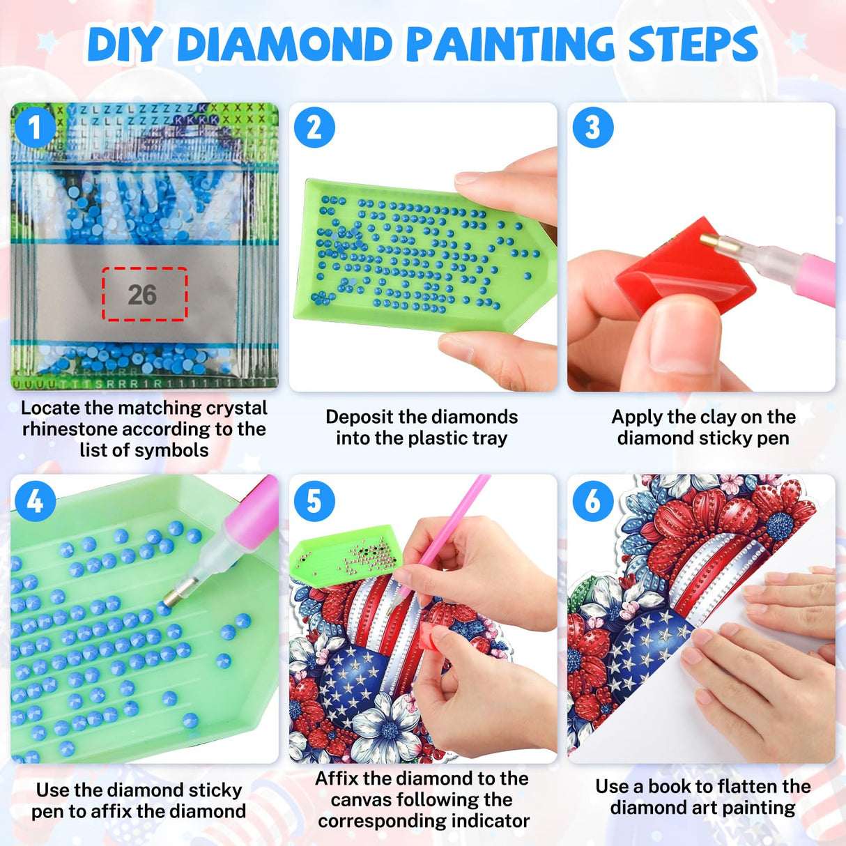 Bowetile 5D Patriotic Diamond Art Hanging Kits for Adults, Diamond Painting Heart Shape Flowers Pendant Kits, Special Shape USA Flag Gem Art Suncatcher Ornament for Home Window Wall Decor Bowetile