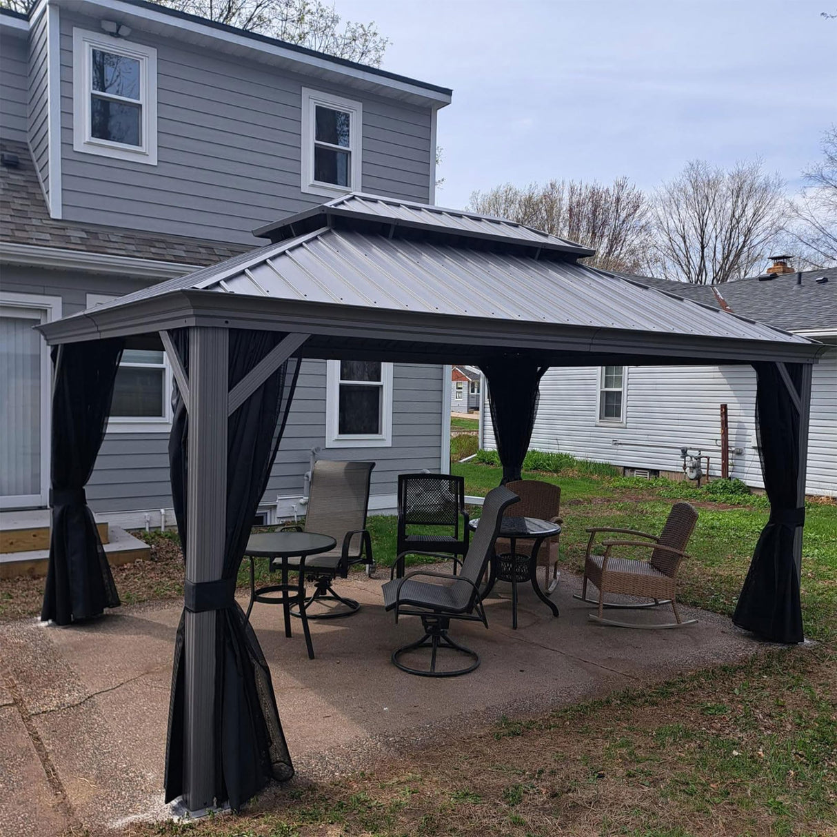 PURPLE LEAF 11' x 15' Permanent Hardtop Gazebo with Galvanized Steel Double Roof and Aluminum Frames Outdoor Large Pavilion Gazebo for Patio Deck Garden, Netting and Curtains Included, Light Grey PURPLE LEAF