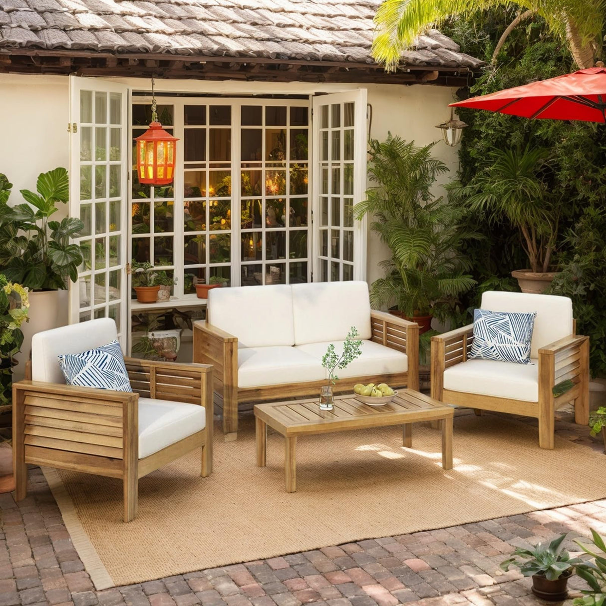 4-Piece Patio Furniture Set: Outdoor Acacia Wood Patio Furniture Set with Loveseat, Sectional Sofa & Coffee Table with Premium Cushions, Durable Conversation Set for Backyard, Garden (4, brown) Usiseem