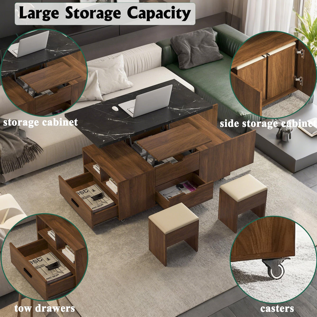 TRJQBCC 45" Lift Top Coffee Table, Modern Coffee Table with 2 Stools Set, Space Saving Center Table Folding Dining Table with 2 Drawers & Expandable Hidden Storage for Living Room, Office (Wood) TRJQBCC