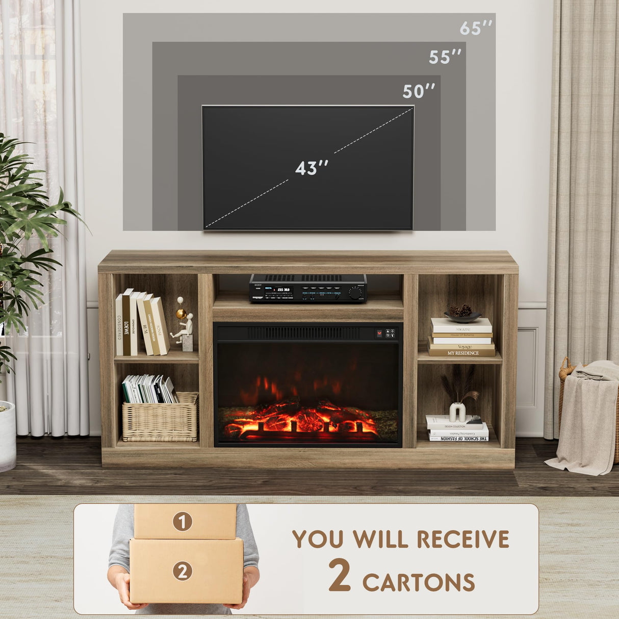 Furniwell Fireplace TV Stand for 65 Inch TV, Media Entertainment Center Console Table with 26" Electric Fireplace, Farmhouse TV Stand with Storage Cabinet for Living Room (Natural) Furniwell