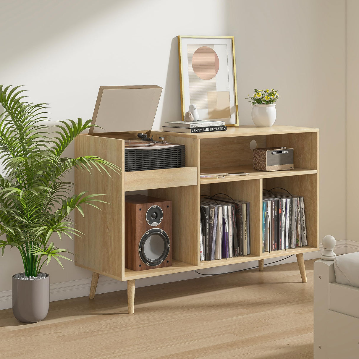 Record Player Stand with Charging Station & USB Ports, Mid-Century Turntable Stand Table Holds Up to 300 Albums, Vinyl Record Storage Cabinet with Wood Legs for Living Room Office (Wood) Oubayajia