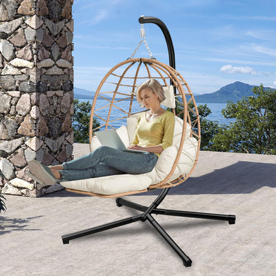 Indoor Outdoor Hanging Egg Chair with Stand & Leg Rest – Heavy-Duty Steel Frame, Handwoven Rattan Swing Chair for Patio, Garden, Bedroom – 350 lbs Capacity, Ergonomic Design (White)