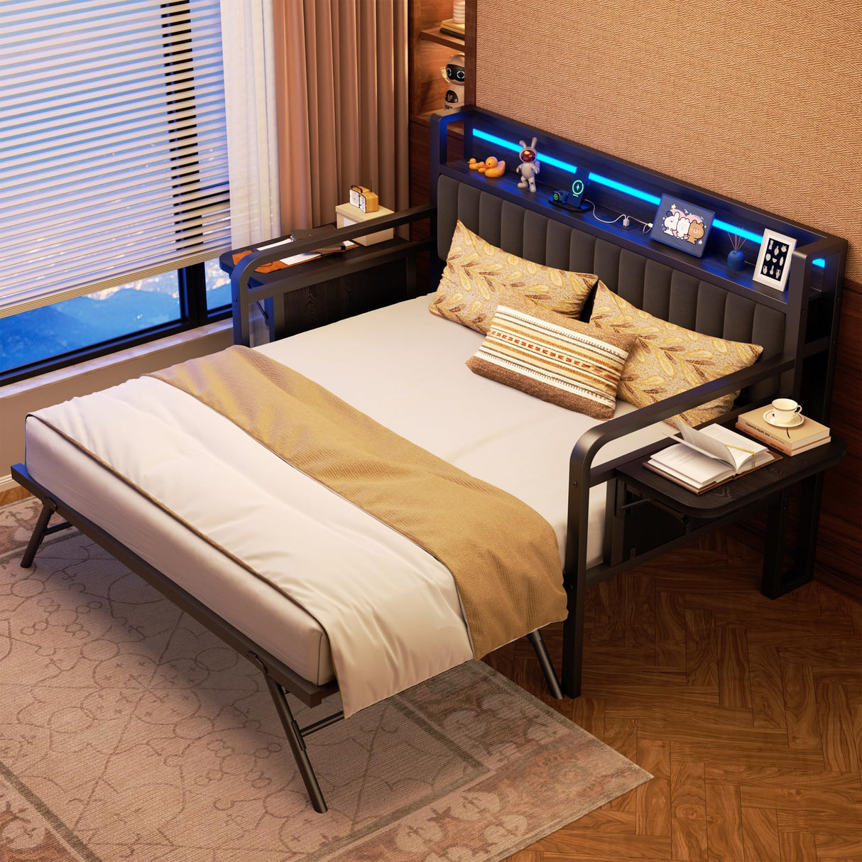 Daybed with Trundle and LED Light, Heavy Duty Metal Twin Bed Frame with Upholstered Storage Headboard & Charging Station, Day Bed Pop Up Trundle Bed Twin for Living Room,Bedroom and Guest Room (Black) Jocoevol