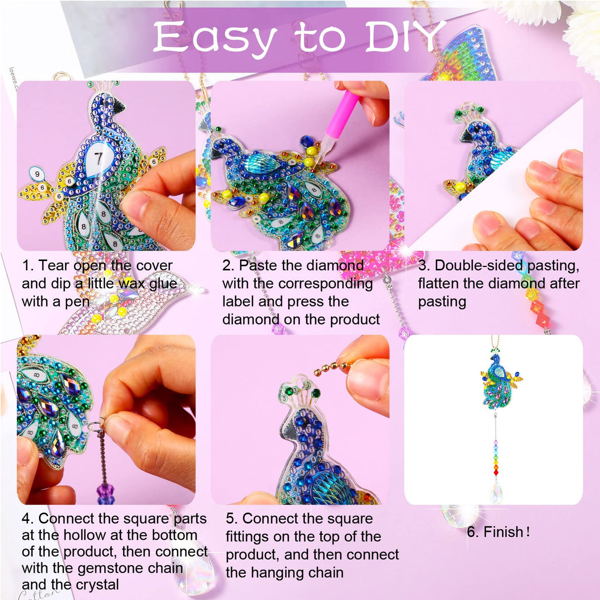 Queekay 4 Pieces Diamond Painting Sun Catcher Tree Ornament DIY Wind Chime Kit Hanging Double Sided Hummingbird Butterfly Cat Peacock Shape Crystal Art Ornament forGarden Decoration Queekay