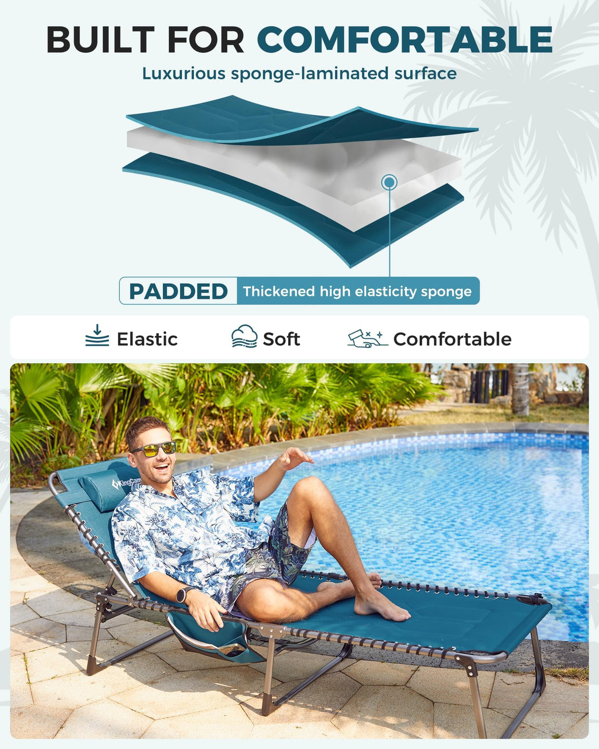 KingCamp Oversized Tanning Chair, Extra-Wide Padded Folding Chase Lounge Chairs Portable Adjustable 5-Position 400lbs Heavy Duty Lounger with Double-Layer Oxford for Outdoor Beach Patio Sun Pool KingCamp