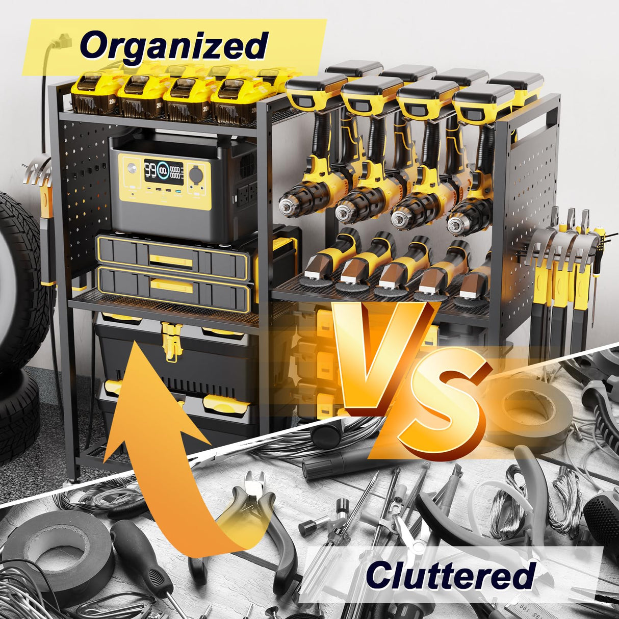 Goyappin 6-Tier Large Power Tool Organizer Cart with Charging Station, Heavy-Duty Garage Rolling Tool Cart with 6 Wheels, 8 Hooks & Adjustable Shelves, Holds 700LBS+ Goyappin