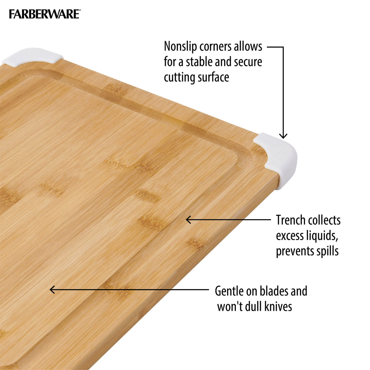 Farberware Nonslip Bamboo Cutting Board with Juice Groove, 11x14 Inch, White Farberware