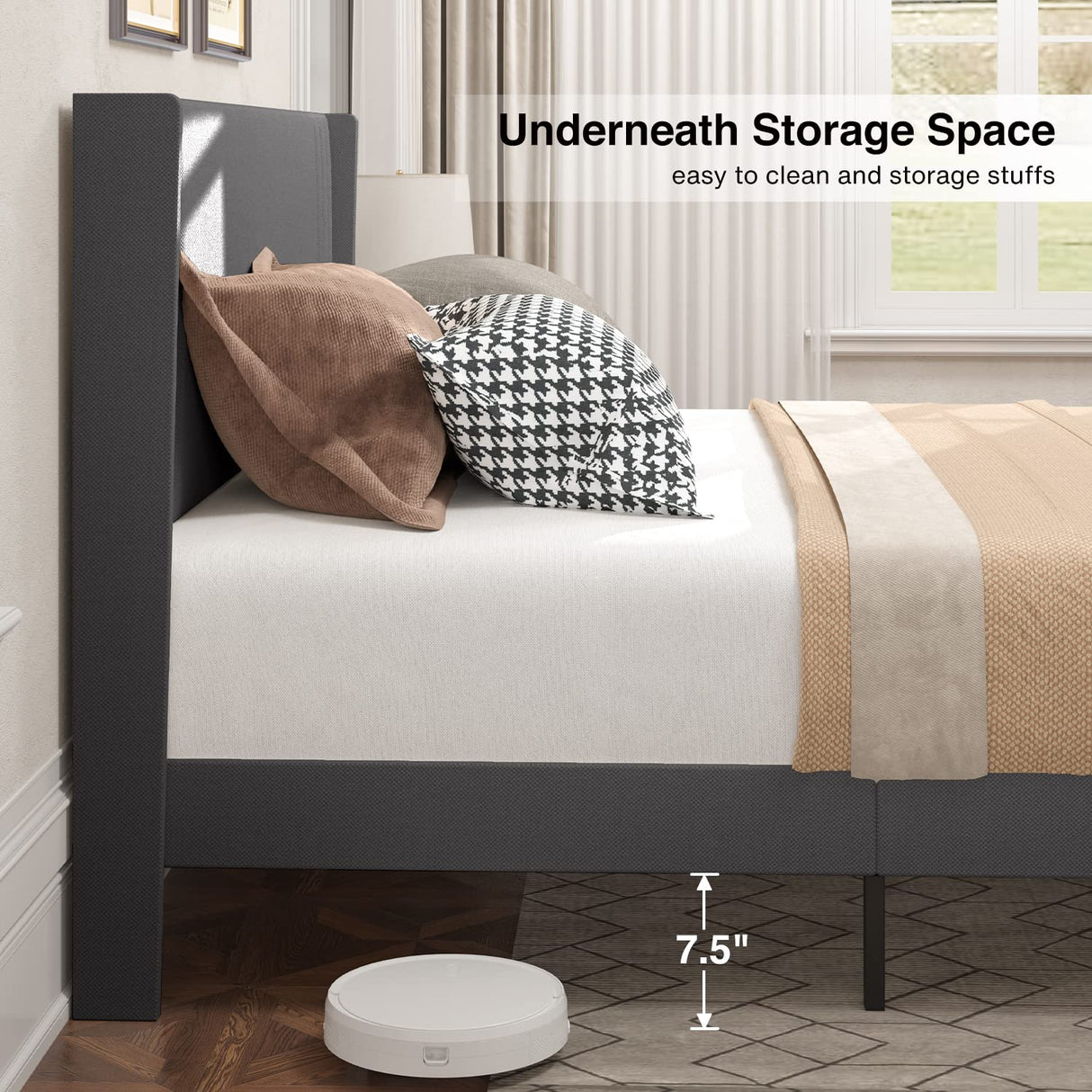 Gizoon Dark Grey Upholstered Full Bed Frame with Wingback Headboard and Wooden Slats Gizoon