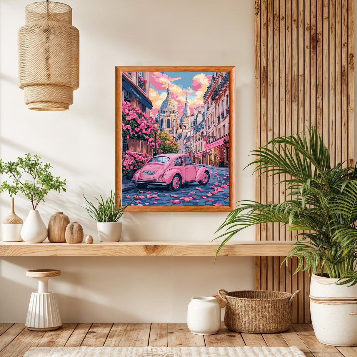 Lxmsja Pink Car Paint by Numbers Kit for Adults, Paris Street Acrylic Paint by Numbers for Adults Beginner, DIY Craft Supplies Oil Painting Kits for Home Wall Decor 16x20 inch (No Frame) Lxmsja