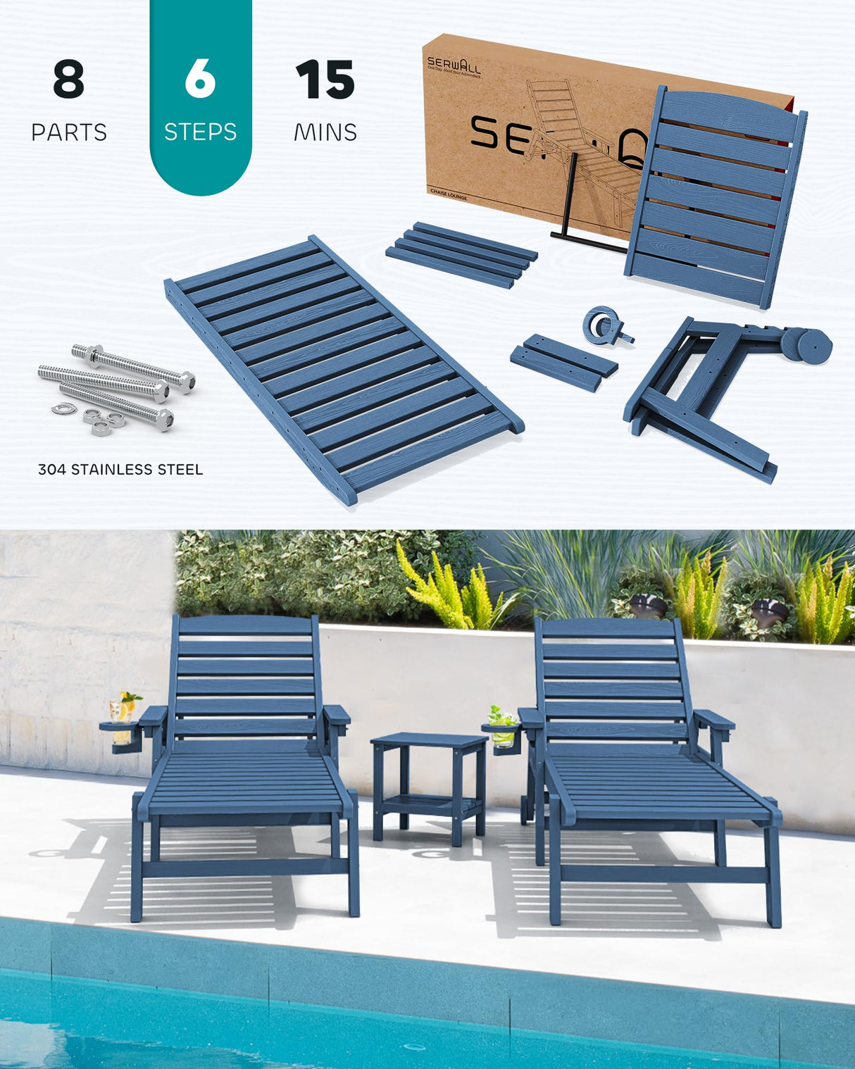 SERWALL Patio Chaise Lounge Chair Set of 2, 5 Positions Adjustable HDPE Outdoor Lounge Chair for Pool, Poly Lounge Chair with Rolling Wheels & Cup Holder for Poolside, Deck, Blue SERWALL