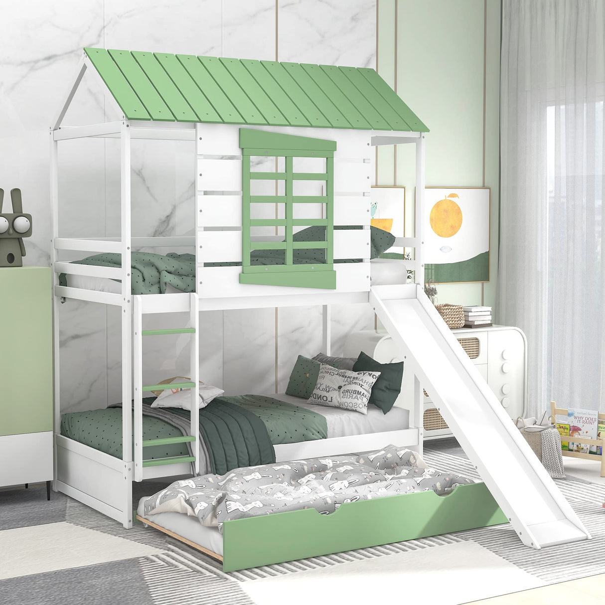 House Bunk Beds with Trundle and Slide, Twin Over Twin Bunk Bed with Roof and Windows, Kids Playhouse Bunk Beds for Girls & Boys, No Box Spring Needed (Triple Bunk Bed, White+Green) Harper & Bright Designs