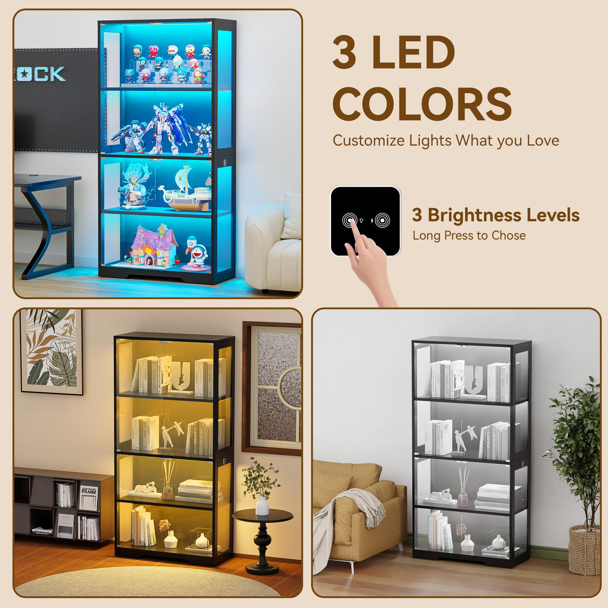 Ceruvia Glass Display Cabinet with 3CCT Motion Sensor Light, 4-Tier Curio Case for Collectibles, Storage Shelf with Glass Doors, Bookcase, Showcase, Black Ceruvia