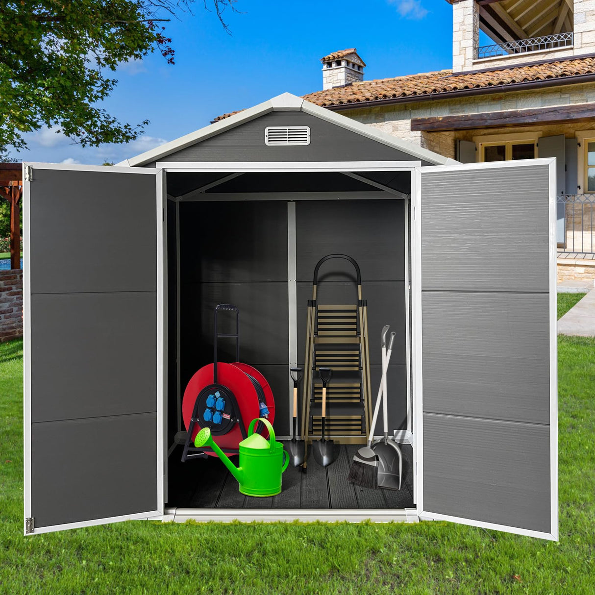 6x4 FT Outdoor Storage Shed with Floor, Plastic Garden Tool Shed with Windows, Vents & Lockable Door, Easy to Assemble Resin Bike Shed for Patio, Backyard, Lawn, Grey LINKHOO