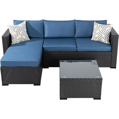 Shintenchi 3 Pcs Patio Furniture Set,Outdoor Sectional Black Wicker Patio Conversation Set,All-Weather Rattan Patio Couch with Washable Cushions and Glass Coffee Table(Navy Blue)
