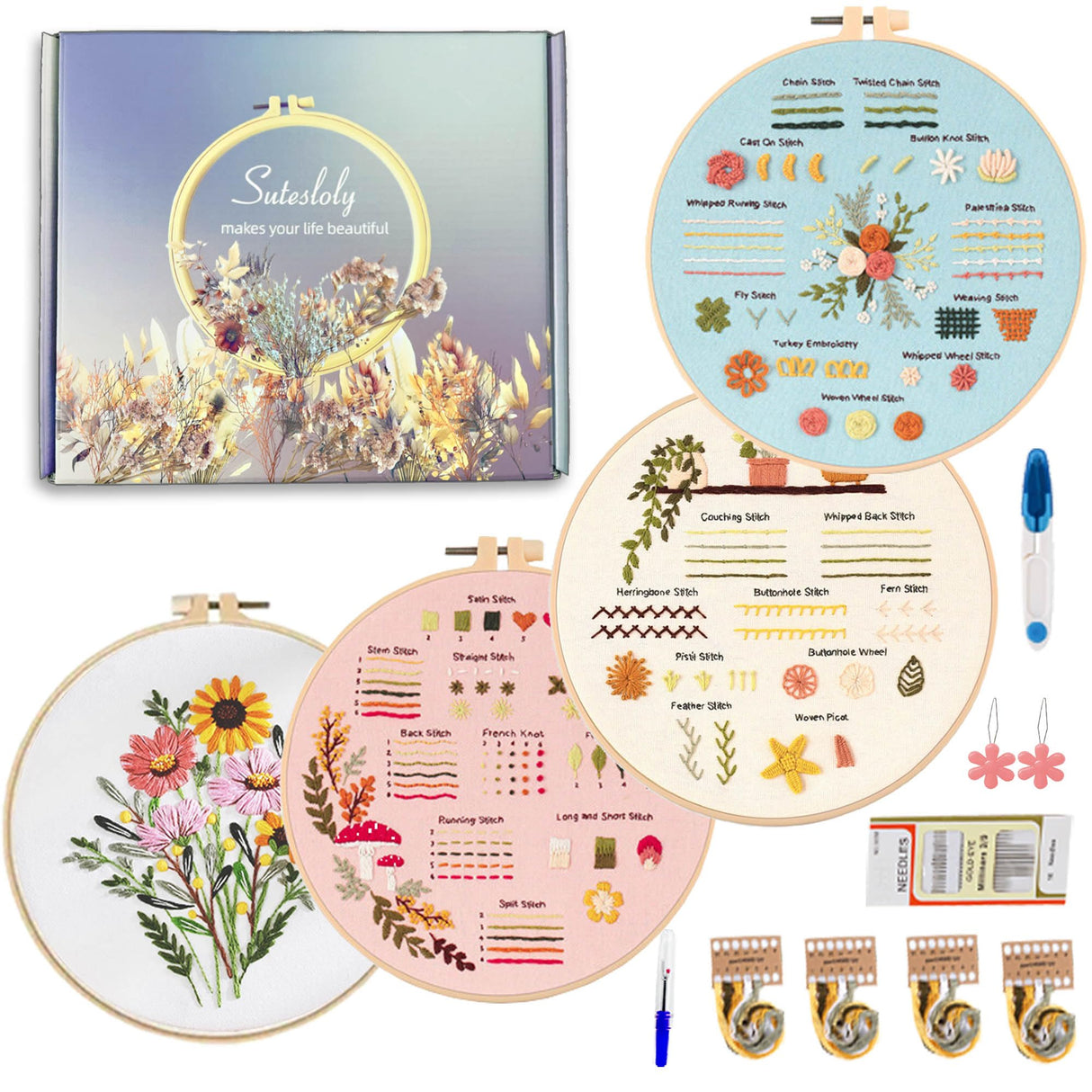 Sutesloly 4 Sets Beginner Embroidery Kits for Adults,Learn Plant Flower Simple Hand Embroidery Starting Sets with Patterns,Basic Easy Stitch Floral Mushroom Learn Embroidery Starter Practice Kit Sutesloly