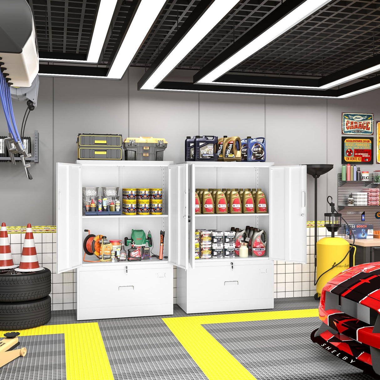 Greenvelly Metal Storage Cabinet with Drawer, 51” White Lateral File Cabinet with Doors and Shelves, Steel Metal Filing Lockers for Home Office Hanging Files Letter/Legal/F4/A4 Size Greenvelly