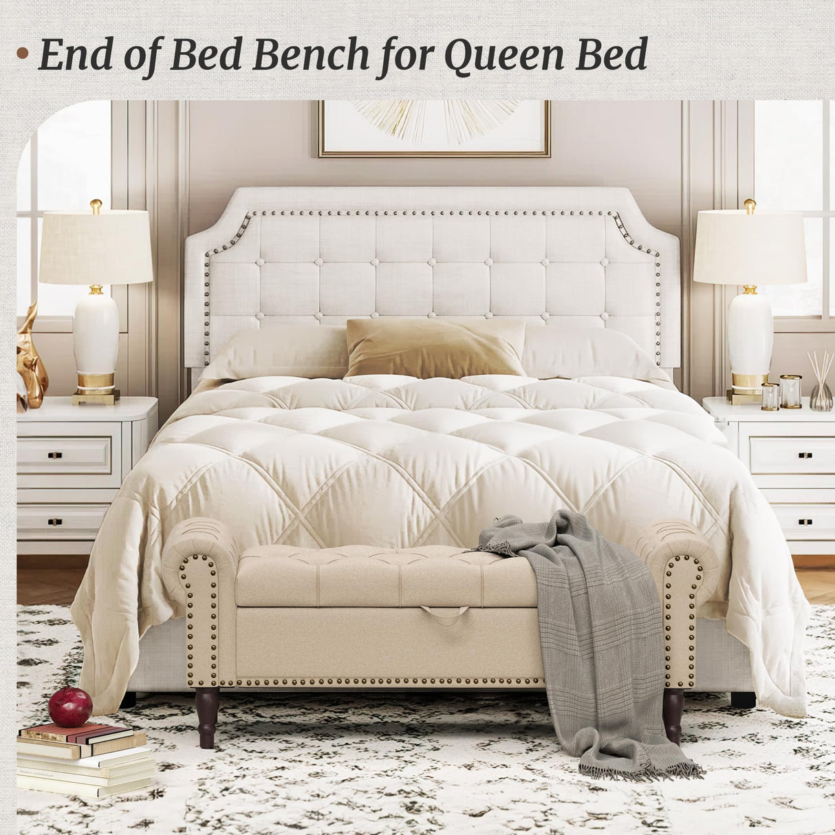 Cozyman Storage Bench, 50” Queen Linen Tufted Button End of Bed Bench with Rolled Arm and Nailhead Trim, Upholstered Bedroom Bench, Ottoman Bench for End of Bed, Living Room, Entryway, Wheat Color Cozyman