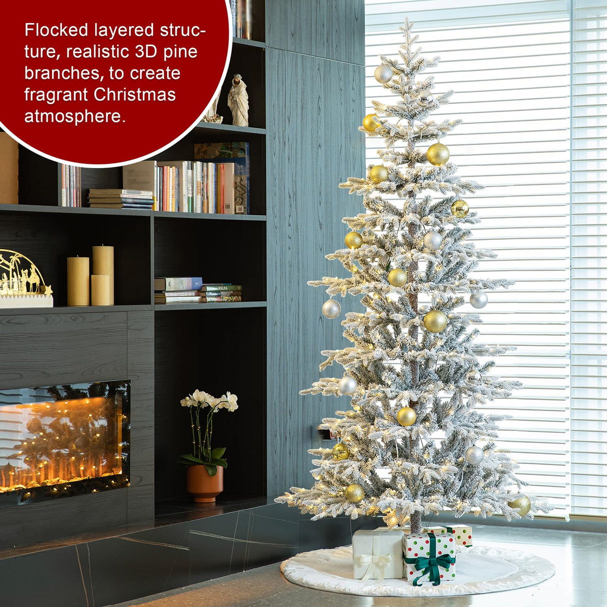 Glitzhome 8ft Deluxe Pre-Lit Flocked Fir Artificial Christmas Tree, Hinged Holiday Xmas Tree with 450 Warm White Lights, Three Function, Easy Assembly Glitzhome
