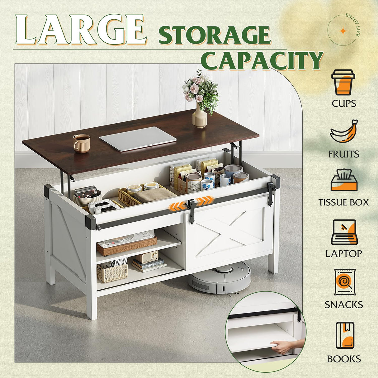 WLIVE Lift Top Coffee Table, 39.4" Farmhouse Coffee Table with Large Hidden Storage Compartment, Sliding Barn Doors, Modern Wood Center Table for Living Room, Office, White WLIVE