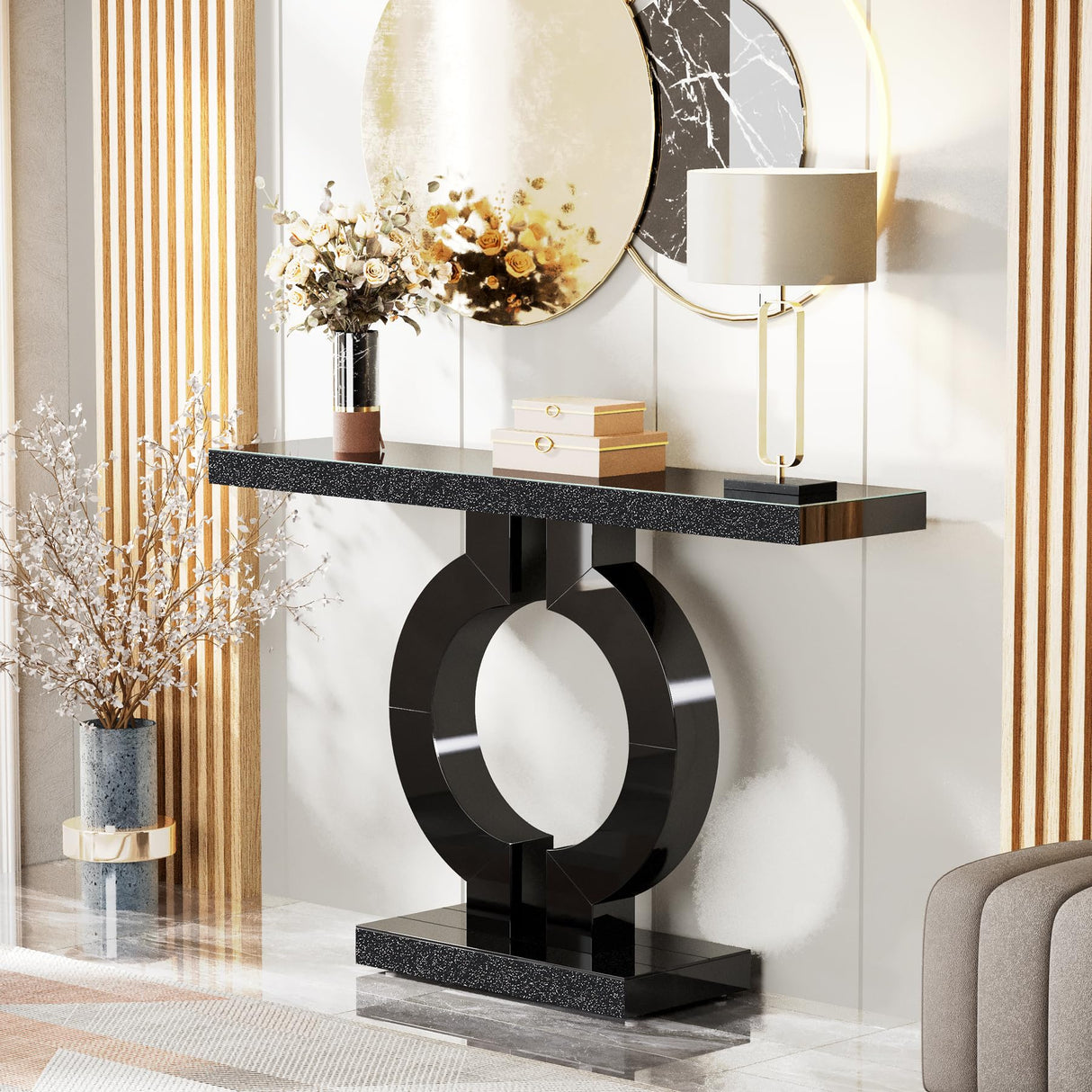 Tribesigns 43-Inch Mirrored Console Table with O-Shaped Base, Modern Entryway Table Glass Sofa Table with Mirror Finish, Rectangle Narrow Accent Foyer Table for Living Room Hallway Entrance (Black) Tribesigns