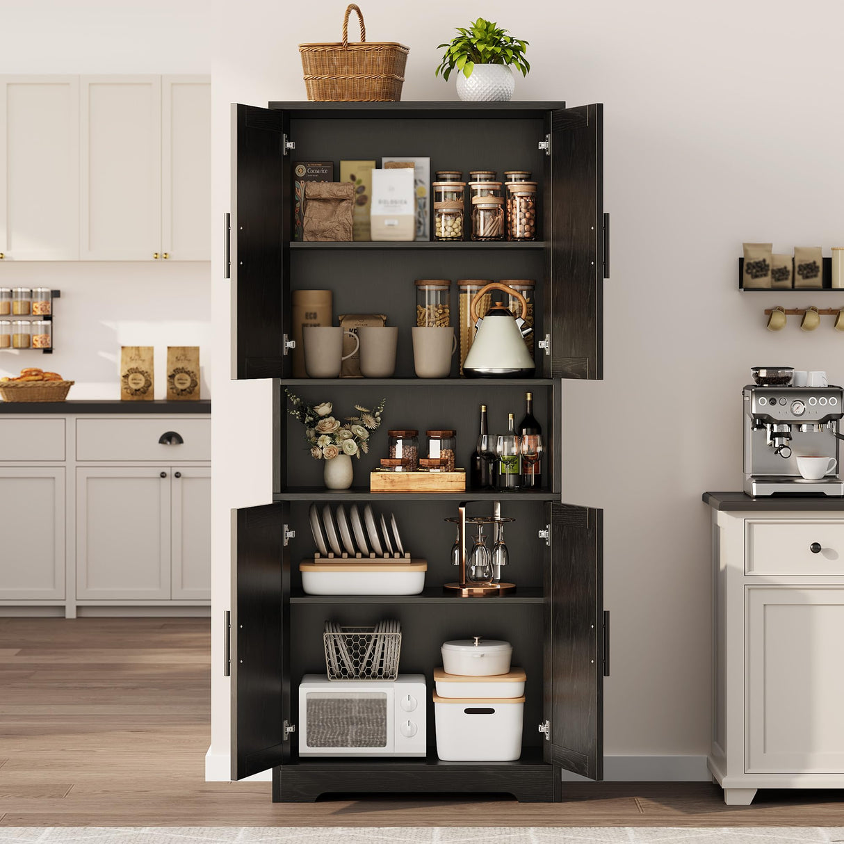 GarveeHome Tall Storage Cabinet, 70" Kitchen Pantry Cabinet with Doors and Adjustable Shelves, Rustic Wooden Cupboard for Dining Room, Living Room,Black GarveeHome