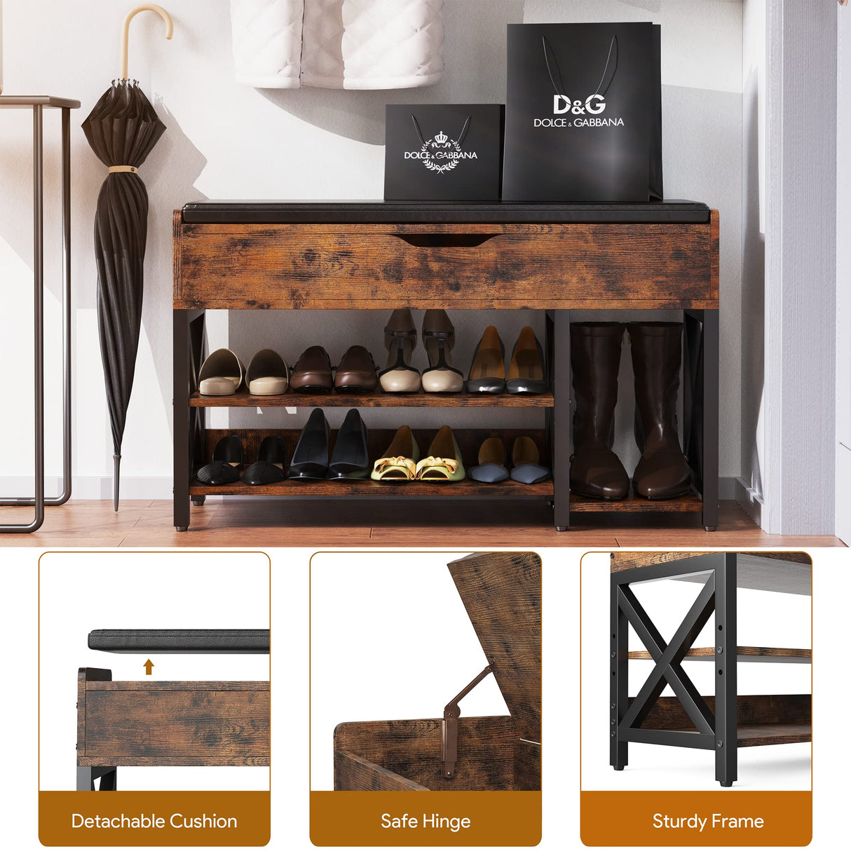 astimey Shoe Bench, Lift Top Shoe Storage Bench, Adjustable Shelf Entryway Bench, Metal and Wood Shoe Rack Organizer with Cushion for Entry, Bedroom, Closet, Living Room, Hallway (Brown, 35.5“W) astimey