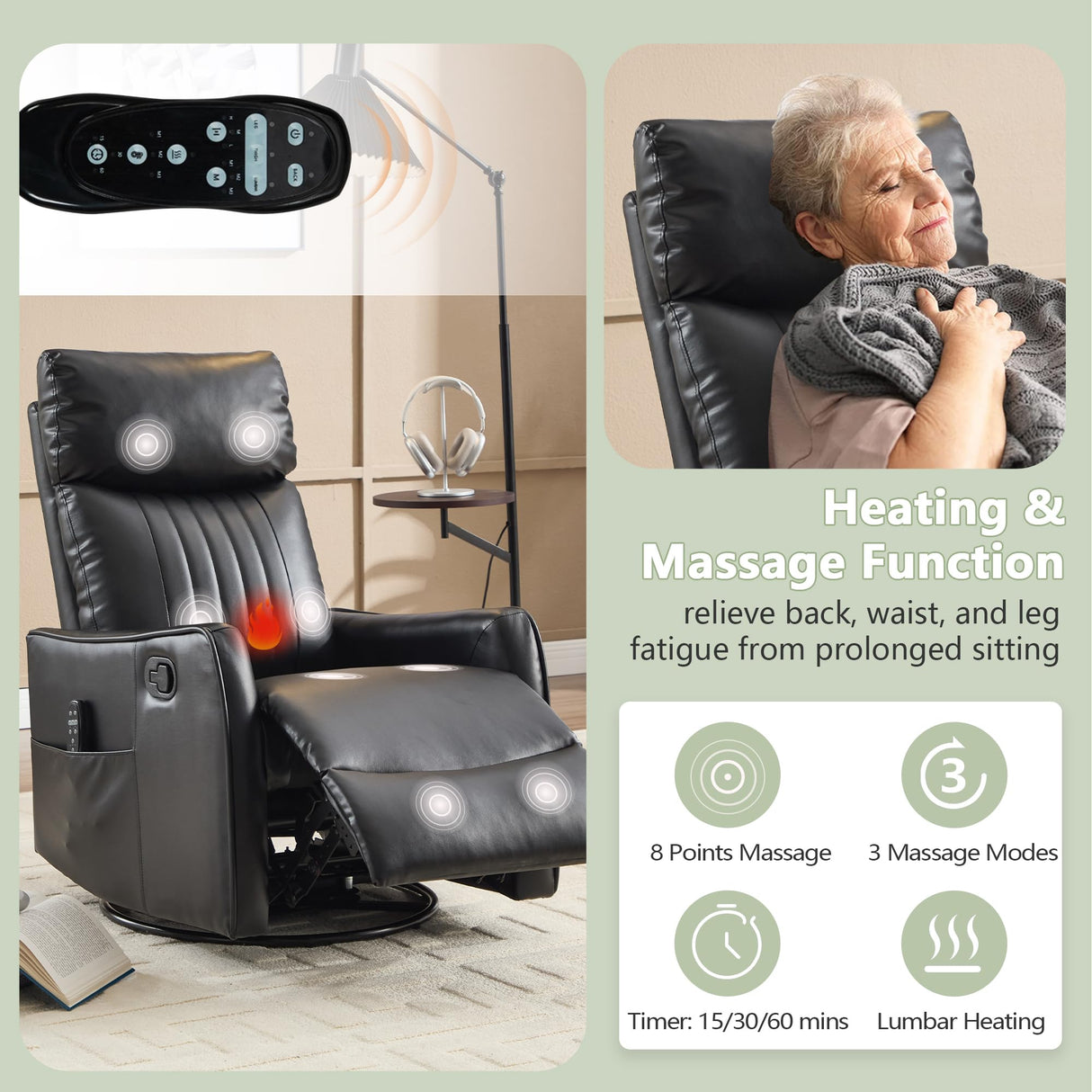 cinkehome Heated Massage Swivel Rocker Recliner Chair for Nursery - Small Space Reclining Chair with Lumbar Support, 360° Swivel & Gentle Rocking, Ergonomic High Back Faux Leather Black cinkehome